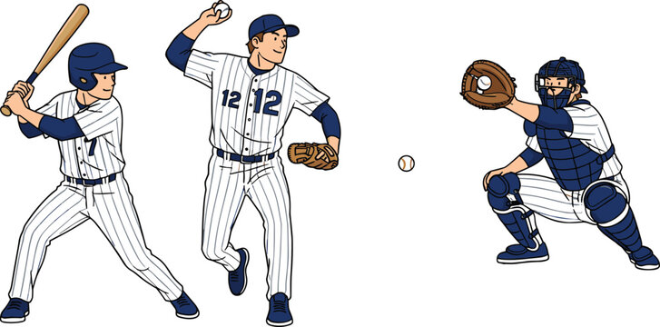 Baseball players illustration set showing batter pitcher and catcher in action, professional team sport concept vector isolated on white