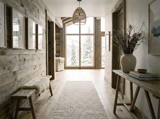 Rustic cabin hallway interior with wooden walls and snowy view