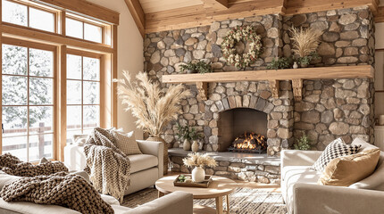 Rustic living room with stone fireplace and winter scenery