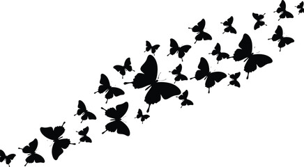 Fototapeta premium Flying butterfly silhouettes forming elegant diagonal motion in minimalist black vector illustration isolated on white background for decorative design