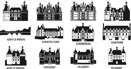 Fototapeta premium French Loire Valley castles silhouette collection featuring famous châteaux landmarks illustrated in detailed black vector style for travel and architecture themes