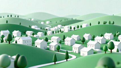Light Green Low-Poly Village 3D Scene