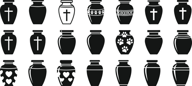 Funeral urn silhouettes collection including memorial cremation jars with religious symbols hearts and paw prints isolated on white background