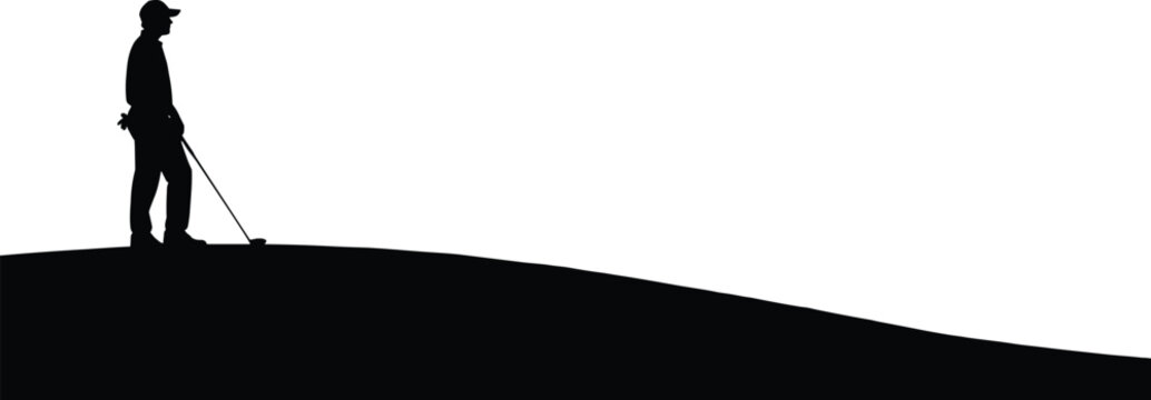 Golfer silhouette standing on hill preparing swing in minimalist black vector illustration isolated on white background for sports concept