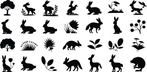 Black silhouette rabbits, various poses, plants and trees, animal icon set, wildlife vector illustration, decorative nature design, woodland creature art, spring and Easter theme