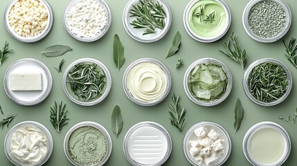 Various culinary herbs and ingredients in containers