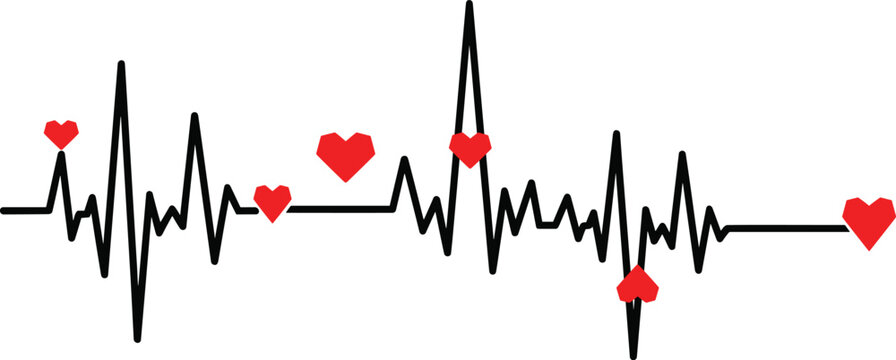 Heartbeat pulse line with red hearts illustration symbolizing love, life, health monitoring, romance, emotional connection, and cardiac rhythm concept
