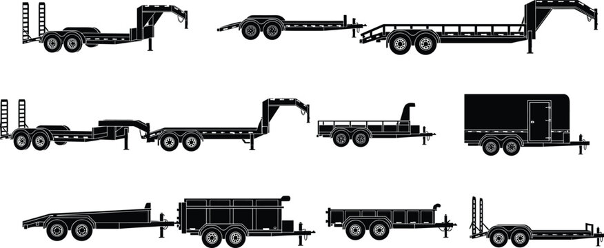 Heavy duty construction and utility trailers collection silhouettes including flatbed dump enclosed and gooseneck trailers isolated on white background