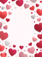 Vector illustration frame with hearts of various shades pink, red and gray scattered on a light background. Copy space. Space for the text. A modern banner on the theme of love, romance and affection.
