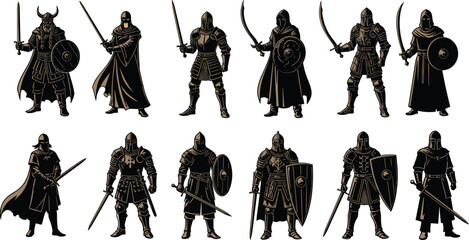 Medieval knight warrior silhouettes collection with swords shields and armor isolated on white background representing fantasy history battle and chivalry © Yeasrin