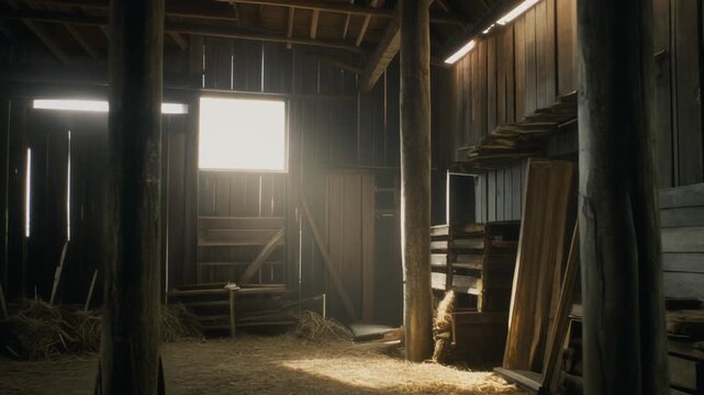 An empty corridor inside an old abandoned barn interior reveals light falling on stone walls and a wooden floor within the dark
