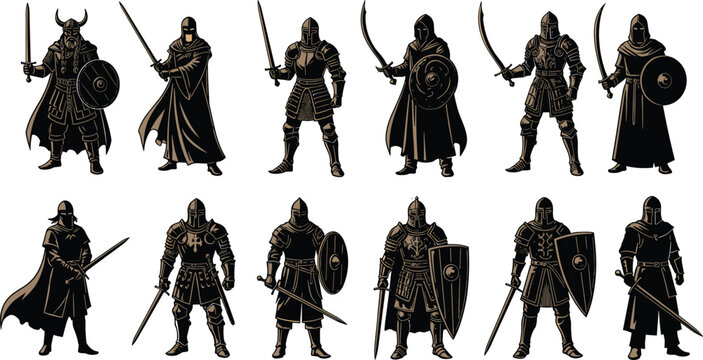 Medieval knight warrior silhouettes collection with swords shields and armor isolated on white background representing fantasy history battle and chivalry