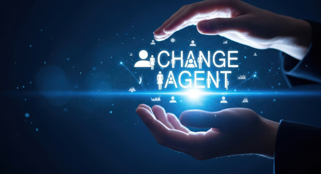Empowering Transformation A Change Agent Concept Visualized with Hands Gently Holding an Illuminated Graphic Representing Leadership and Positive Organizational Shift