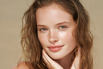 Fototapeta premium Young woman with natural beauty smiling softly against a neutral background