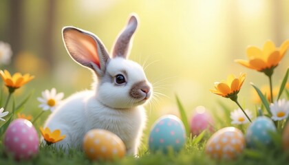 Fototapeta premium A small white rabbit sits among colorful Easter eggs and blooming flowers in a sunlit meadow. The scene captures the essence of spring and Easter celebrations.