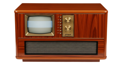 Vintage wooden television with gold accents on transparent background