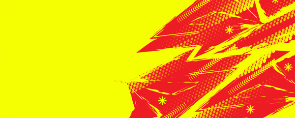 Abstract Grunge Pop Art Background with Red Brush Strokes and Yellow Arrow Shapes with Halftone Pattern. For Sport, Race, Music, or Fight Match and Event Banner or Poster Design