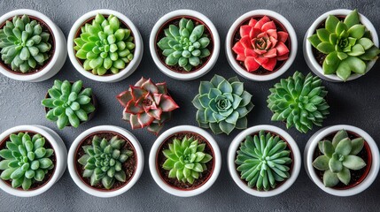 Various succulents in pots on a grey background