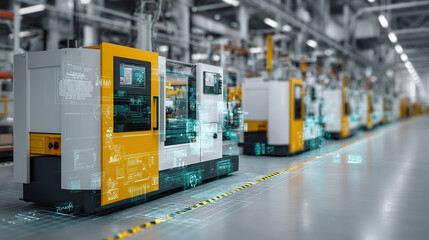 digital twin smart factory with automated industrial machines, industry 4.0 manufacturing system visualization, advanced production line with virtual engineering overlay
