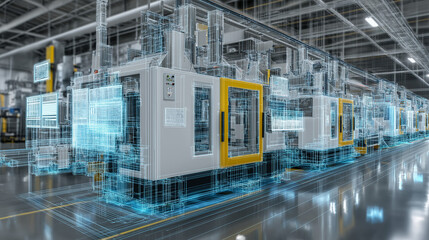 digital twin smart factory with automated industrial machines, industry 4.0 manufacturing system visualization, advanced production line with virtual engineering overlay
