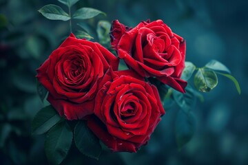 Close up of three vibrant red roses blooming on a rose bush, showcasing delicate water droplets on their petals and lush green leaves