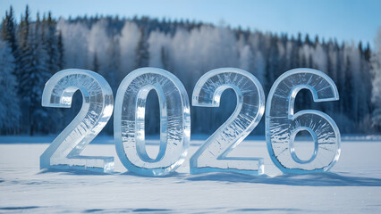 2026 new year ice numbers on snow, winter forest landscape background, frozen crystal sculpture, cold season nature, pine trees, holiday concept, sunny day outdoor wallpaper, blue sky.