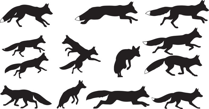 Collection of black fox silhouettes in various running poses