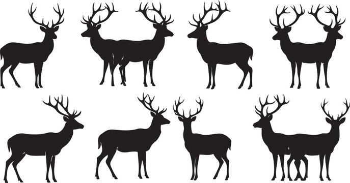 Collection of deer silhouettes with antlers Keywords: silhouette, deer, stag, elk, animal