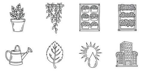 A collection of gardening icons including a potted plant, watering can, leaf, and urban garden in minimalist outline vector style, perfect for eco-friendly projects