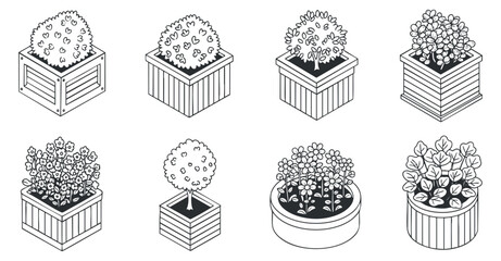 A collection of various potted plants and flowers in black and white outline vector style, suitable for gardening and home decor projects