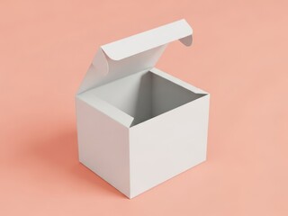 Empty white open box on pastel peach background with soft lighting and minimalist design showing clean lines and neutral color palette