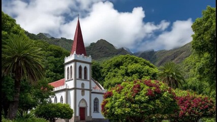 A tranquil white church, distinguished by its vibrant red steeple and elegant architecture, is beautifully set against a backdrop of lush tropical mountains. Verdant foliage and palm trees frame the s