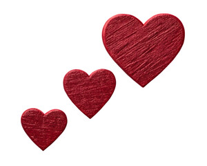 Fototapeta premium A set of three textured red hearts arranged diagonally against a contrasting black background