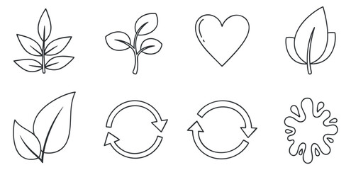 A collection of eco-friendly icons featuring leaves, a heart, and recycling symbols in minimalist outline vector style, perfect for environmental design projects