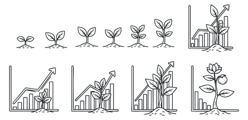 Fototapeta premium A collection of growth illustrations featuring plants and charts in minimalist line art vector style, suitable for eco-friendly business presentations