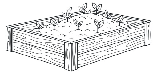 Obraz premium A wooden garden box filled with soil and young plants in a simple line art style, perfect for gardening projects