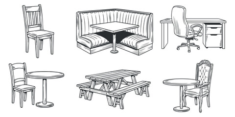 Obraz premium A set of various furniture pieces including chairs, tables, and desks in minimalist outline vector style, suitable for interior design projects