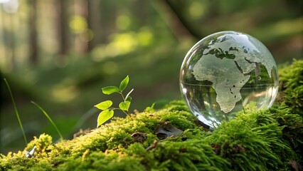 Crystal Globe on Moss Reveals Earth Amidst Lush Green Forest Scenery