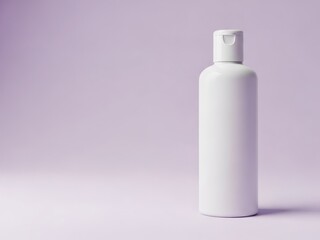 Minimalist white cosmetic bottle mockup on a soft purple background with clean lighting providing blank space for product branding and designs