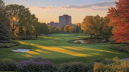 Verdant golf course at sunset with building in background