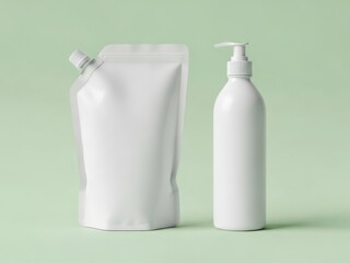 Minimalist white cosmetic product mockup with dispenser bottle and pouch on pastel green background soft lighting and clean textures