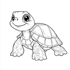 Black and white cartoon of a cheerful turtle with big eyes and a smile.