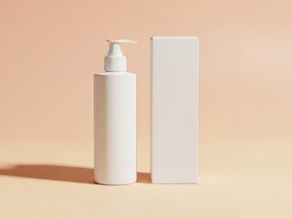 Minimalist white lotion bottle mockup beside a matching blank product box soft lighting neutral background simple cosmetic product presentation