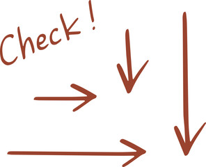 手描きの右へ向かう矢印と下がる矢印の2本セット　Check！文字付き