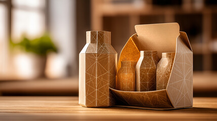 Sustainable cardboard packaging with geometric patterns displayed on a wooden table in natural light.