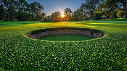 Verdant golf course hole at sunset