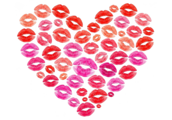 Heart shape made of colorful lipstick kiss marks in various shades of red and pink, isolated on transparent background