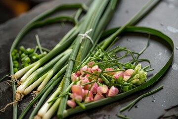 Fresh spring onions and chopped pieces arranged in heart shape, symbolizing healthy eating and fresh ingredients