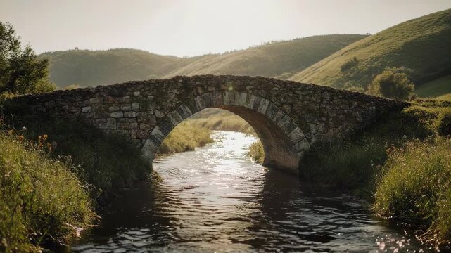 Ancient stone arch bridge spans a flowing stream through rolling green hills