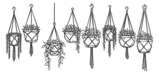 A collection of hanging planters with various plants in black and white lineart style, perfect for home decor and gardening themes